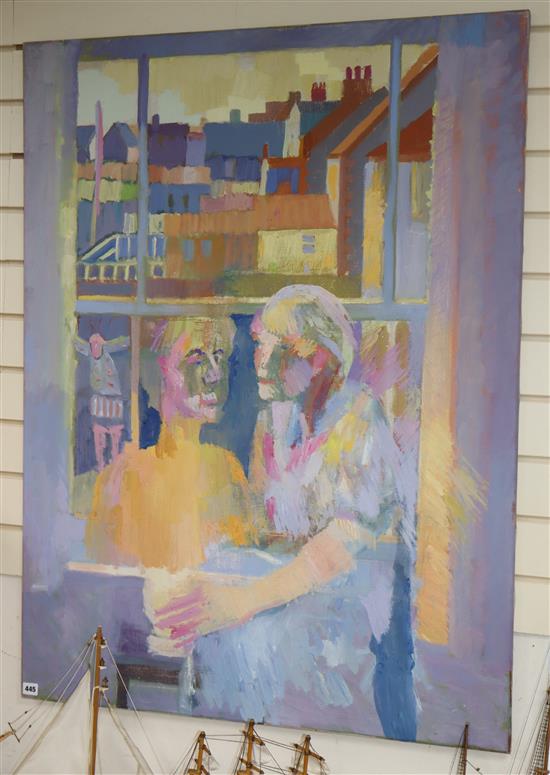 Derek Inwood, oil on canvas, Figures at a window, 121 x 91cm, unframed
